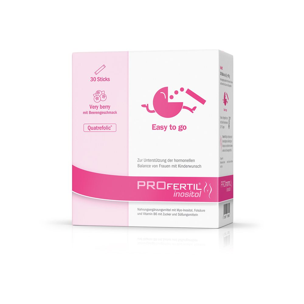 PROFERTIL inositol Sticks-Packung. Rosa-weiße Schachtel mit Produktlogo, 30 Sticks, Geschmack 'Very berry'.