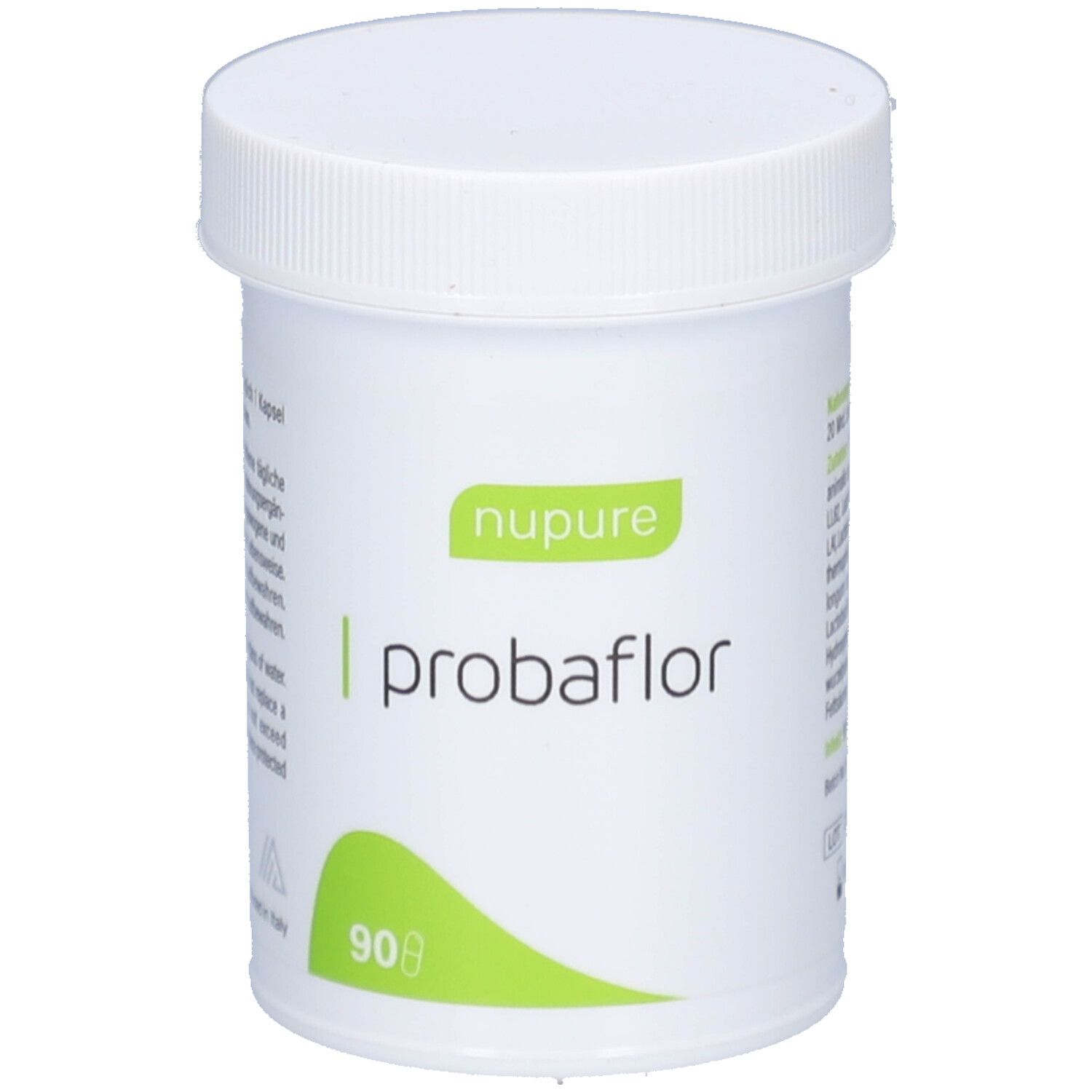 Weiße Dose mit grünem Etikett. Aufschrift: nupure probaflor, 90 Kapseln.