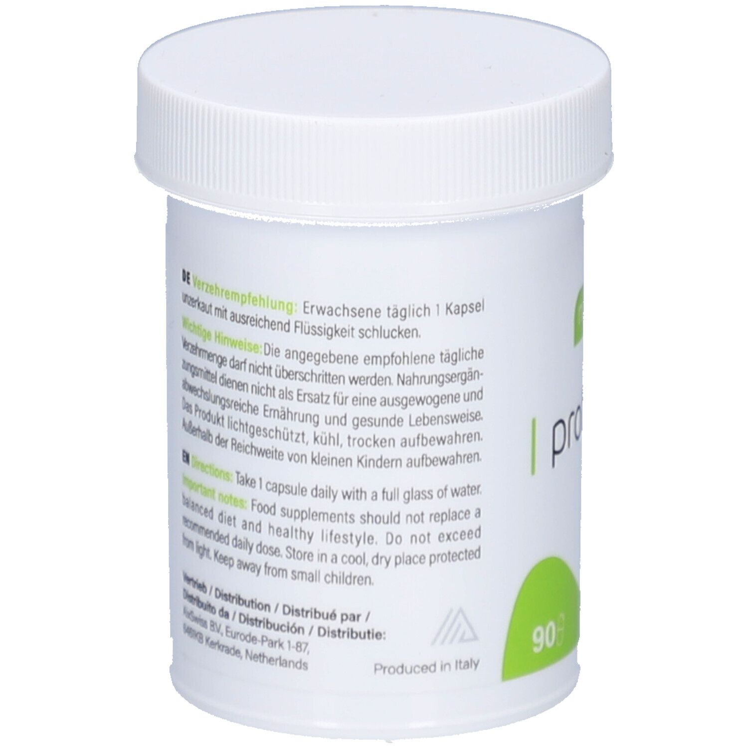 Weiße Dose mit weißem Deckel. Aufschrift: nupure probaflor, 90 Kapseln. Rückseite mit Text.