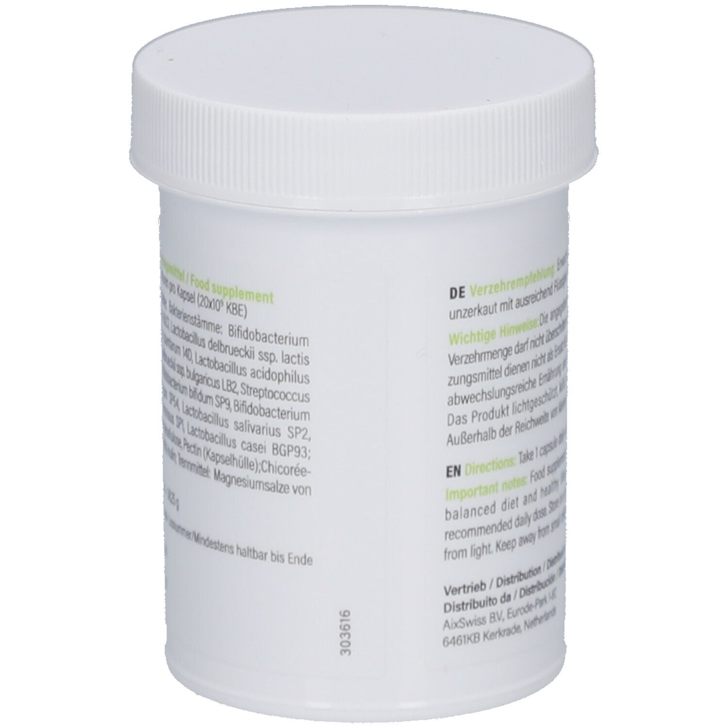 Weiße Dose mit weißem Deckel. Aufschrift: nupure probaflor, 90 Kapseln. Rückseite mit Text.