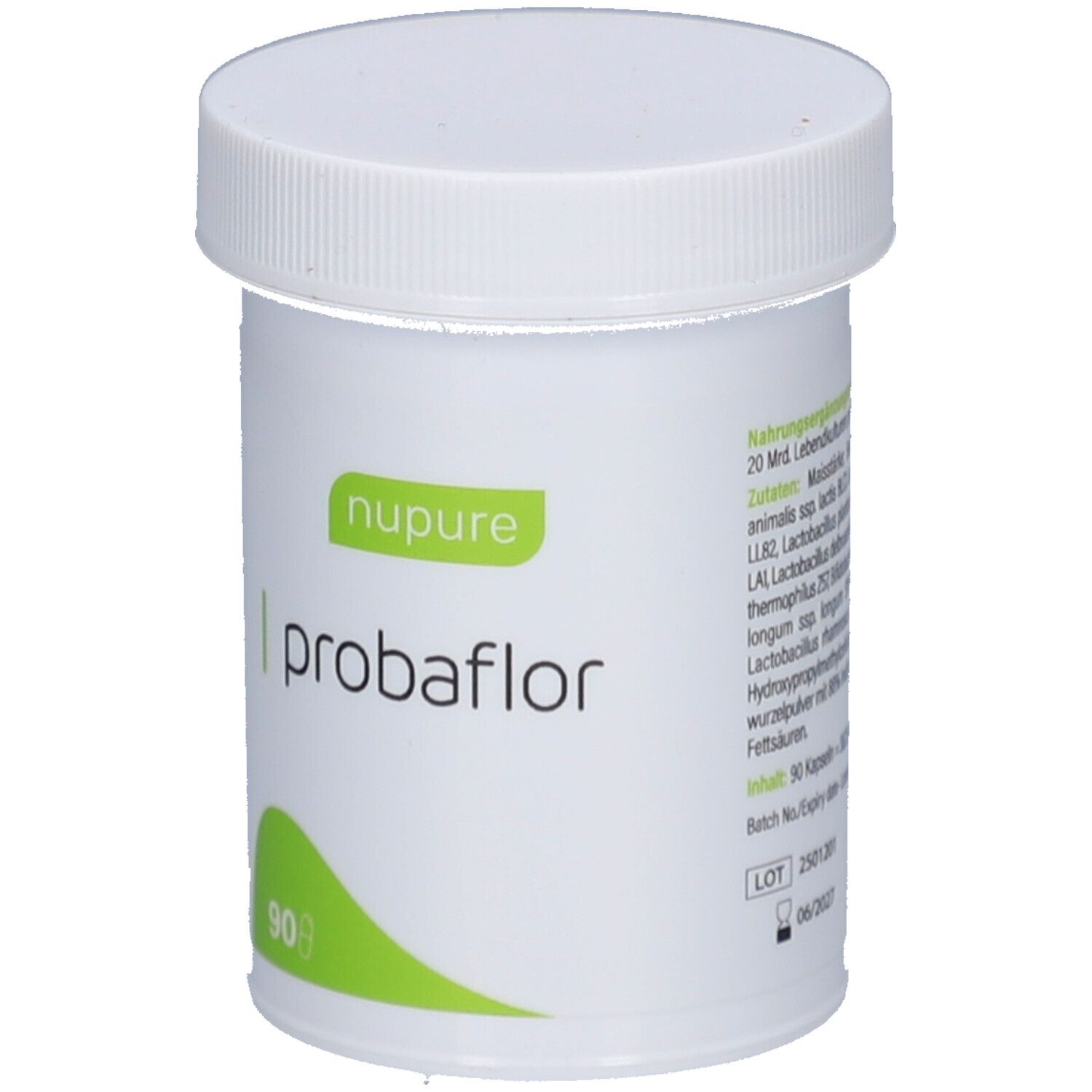 Weiße Dose mit weißem Deckel. Aufschrift: nupure probaflor, 90 Kapseln. Rückseite mit Text.