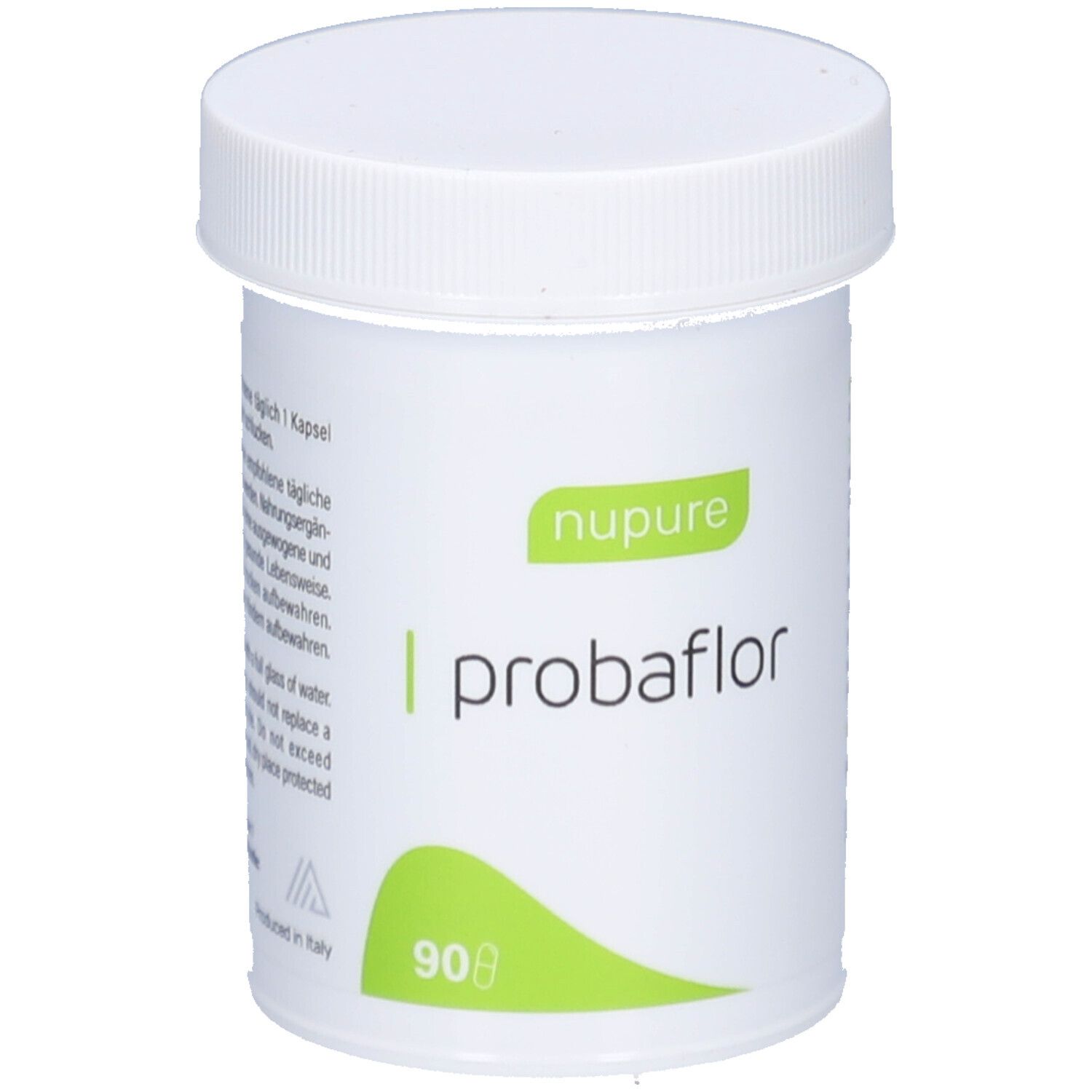 Weiße Dose mit weißem Deckel. Aufschrift: nupure probaflor, 90 Kapseln. Rückseite mit Text.