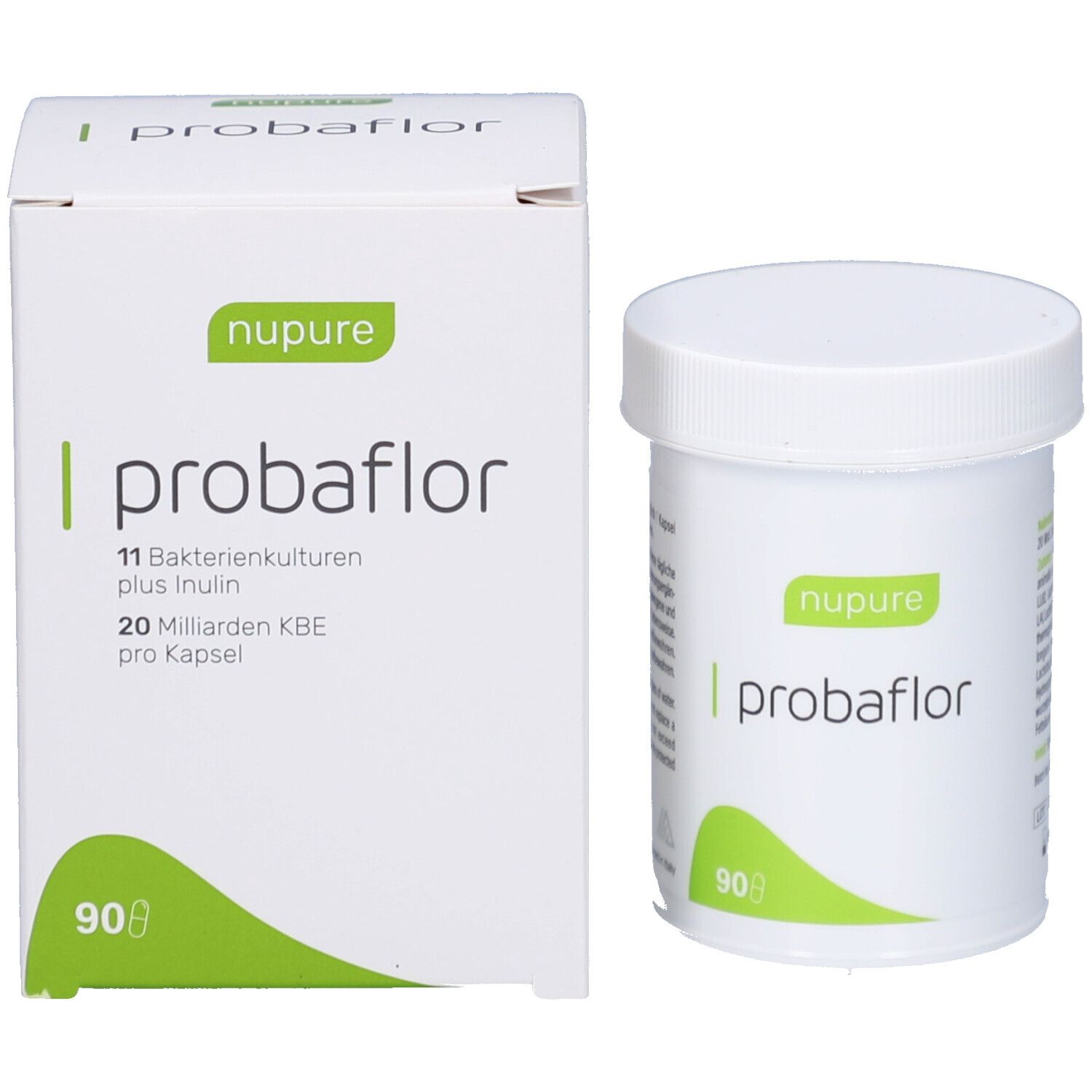 Weiße Dose und Schachtel. Aufschrift: nupure probaflor, 11 Bakterienkulturen plus Inulin, 90 Kapseln.