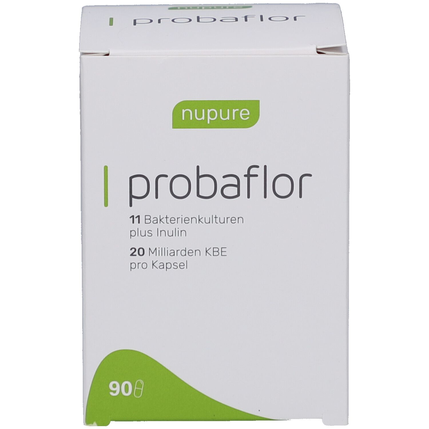 Weiße Schachtel. Aufschrift: nupure probaflor, 11 Bakterienkulturen plus Inulin, 90 Kapseln.