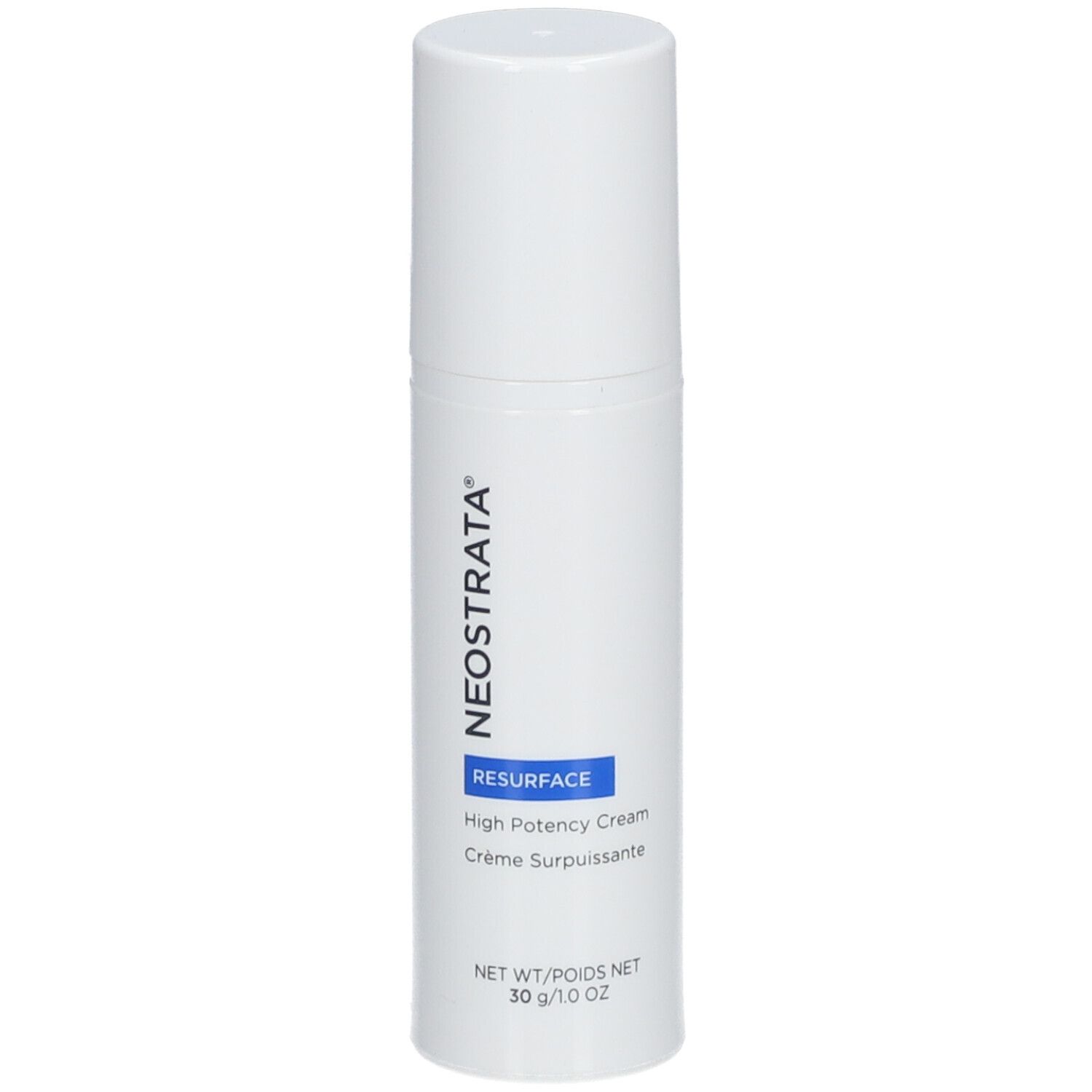 Weiße Flasche mit Deckel. Aufschrift: NeoStrata, Resurface, High Potency Cream. 30 g/1.0 oz.