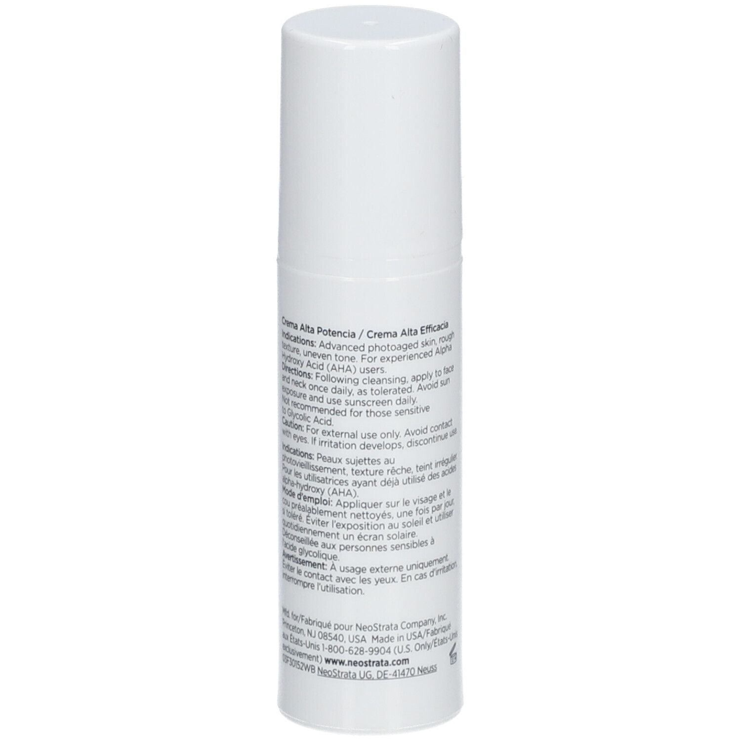 Weiße Flasche mit Deckel. Aufschrift: NeoStrata. Text in Englisch und Französisch. Rückseite mit Text.