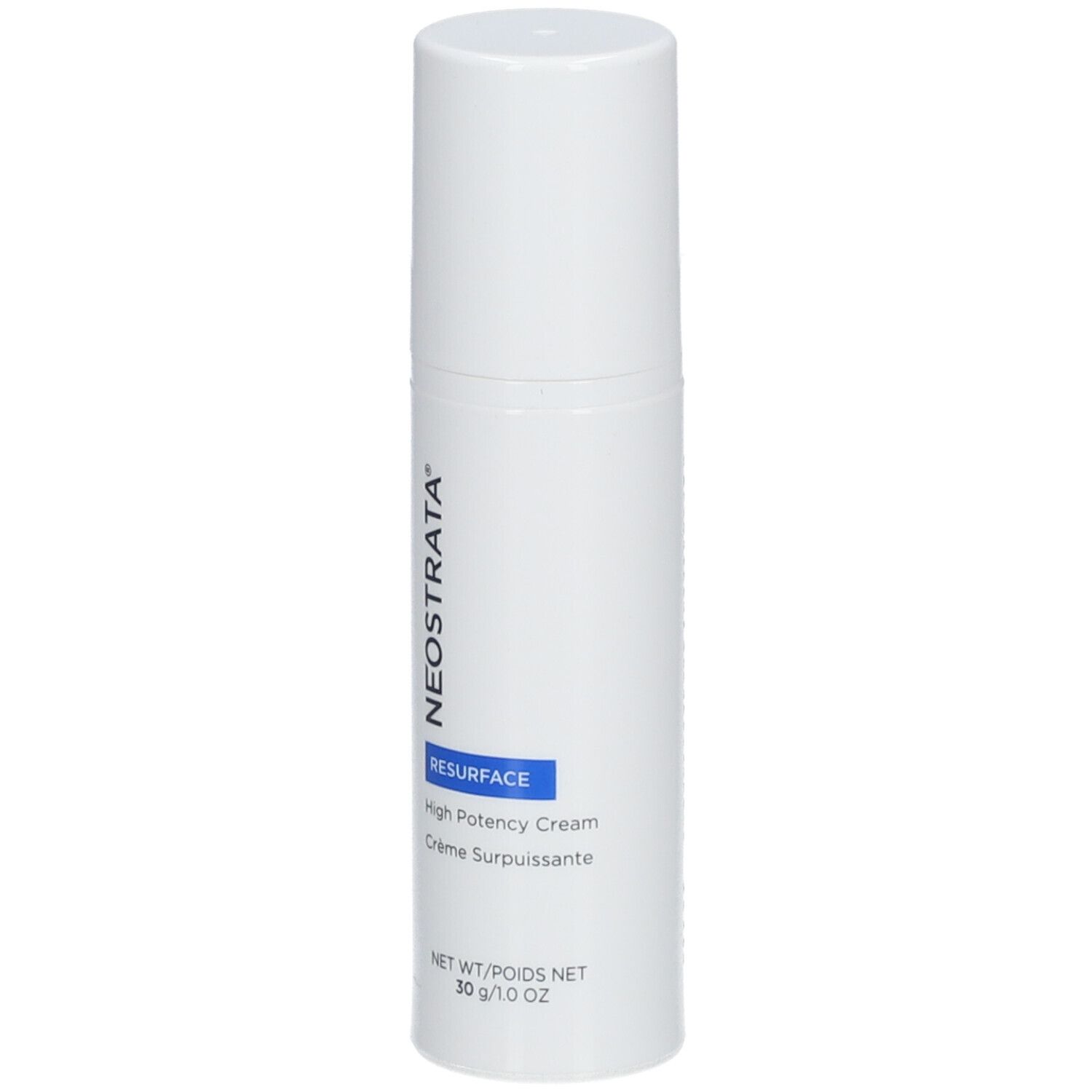 Weiße Flasche mit Deckel. Aufschrift: NeoStrata, Resurface, High Potency Cream. 30 g/1.0 oz.