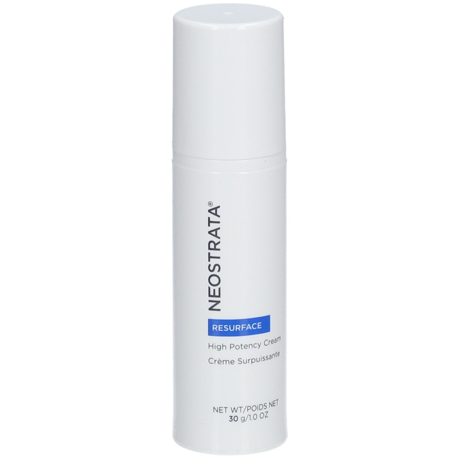 Weiße Flasche mit Deckel. Aufschrift: NeoStrata, Resurface, High Potency Cream. 30 g/1.0 oz.
