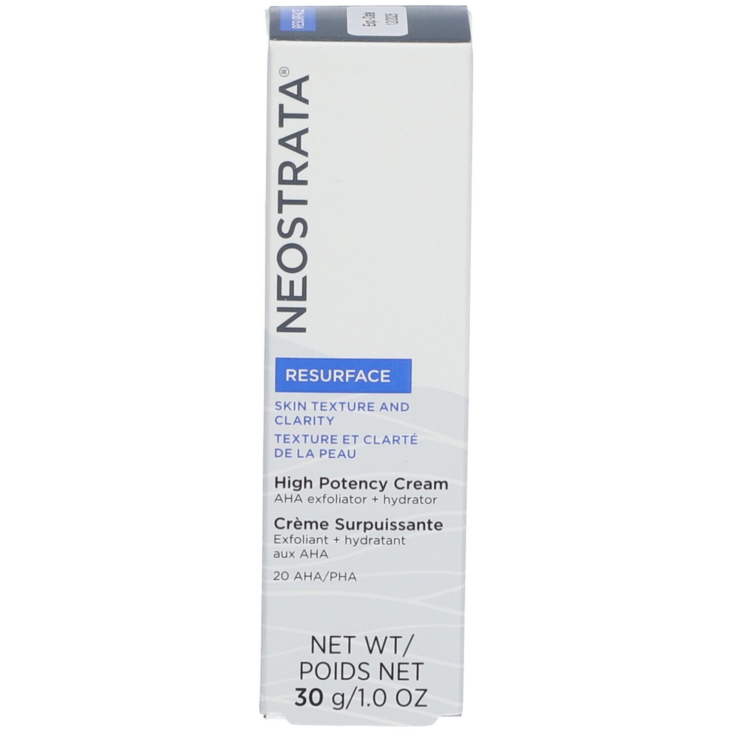 Weißer Karton. Aufschrift: NeoStrata, Resurface, High Potency Cream. 30 g/1.0 oz.