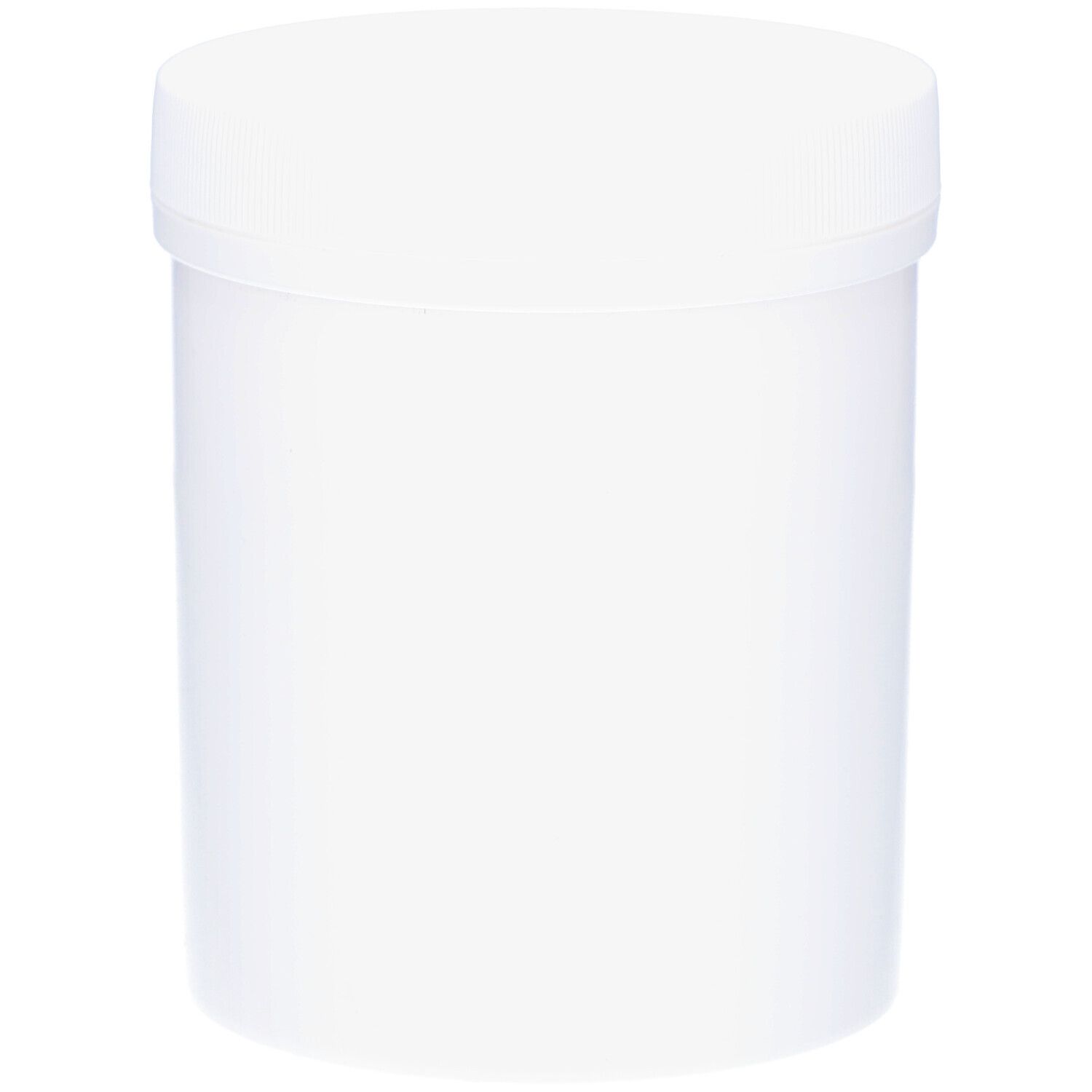 Weißer Eimer mit Deckel. Keine Produktinformationen sichtbar.