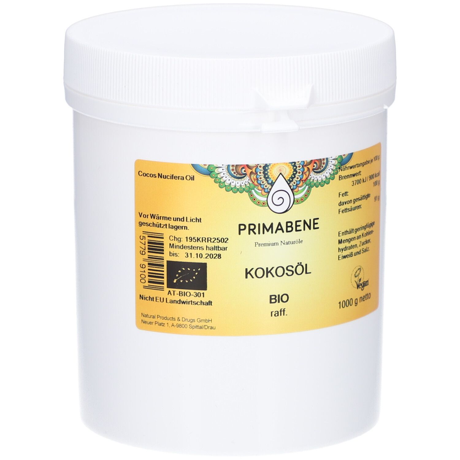 Weißer Eimer mit Deckel. Aufkleber mit Produktinformationen: PRIMABENE Kokosöl BIO raff., Vegan-Siegel, Bio-Zertifizierung.