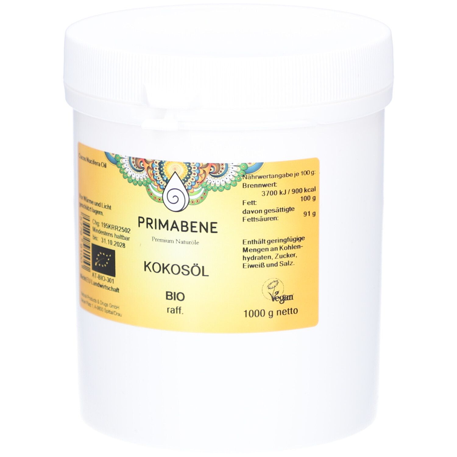 Weißer Eimer mit Deckel. Aufkleber mit Produktinformationen: PRIMABENE Kokosöl BIO raff., Vegan-Siegel, Bio-Zertifizierung.