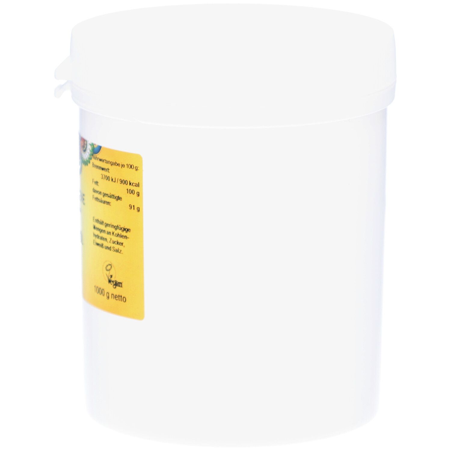 Weißer Eimer mit Deckel. Aufkleber mit Produktinformationen: PRIMABENE Kokosöl BIO raff., Vegan-Siegel, Bio-Zertifizierung.