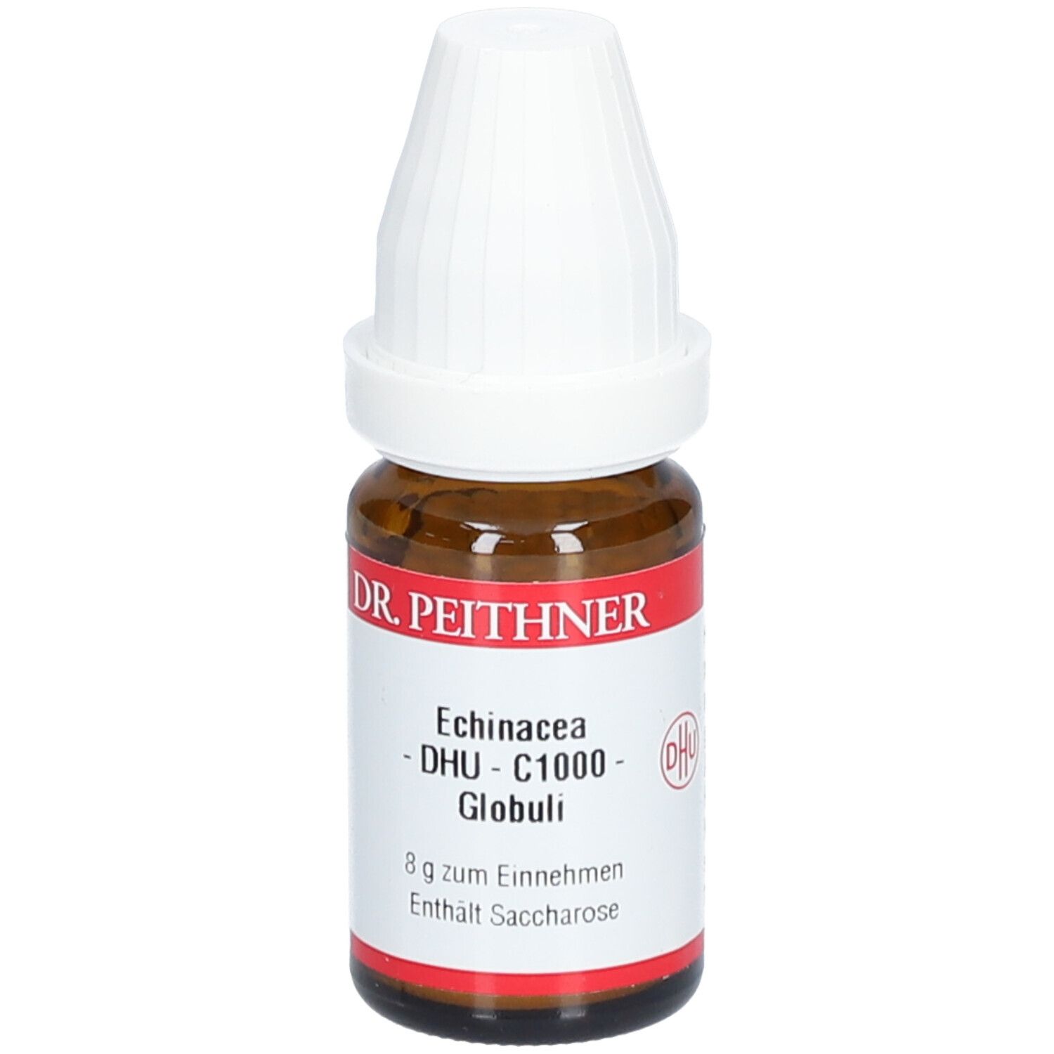 Braune Glasflasche mit weißem Deckel. Etikett mit Produktnamen: DR. PEITHNER Echinacea - DHU - C1000 Globuli. Roter Streifen am Boden.