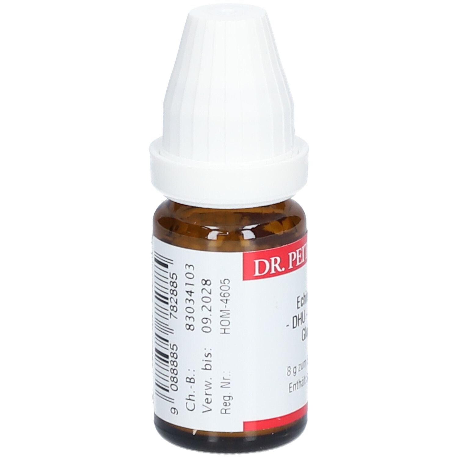 Braune Glasflasche mit weißem Deckel. Etikett mit Produktnamen: DR. PEITHNER Echinacea - DHU - C1000 Globuli. Barcode und Verfallsdatum.