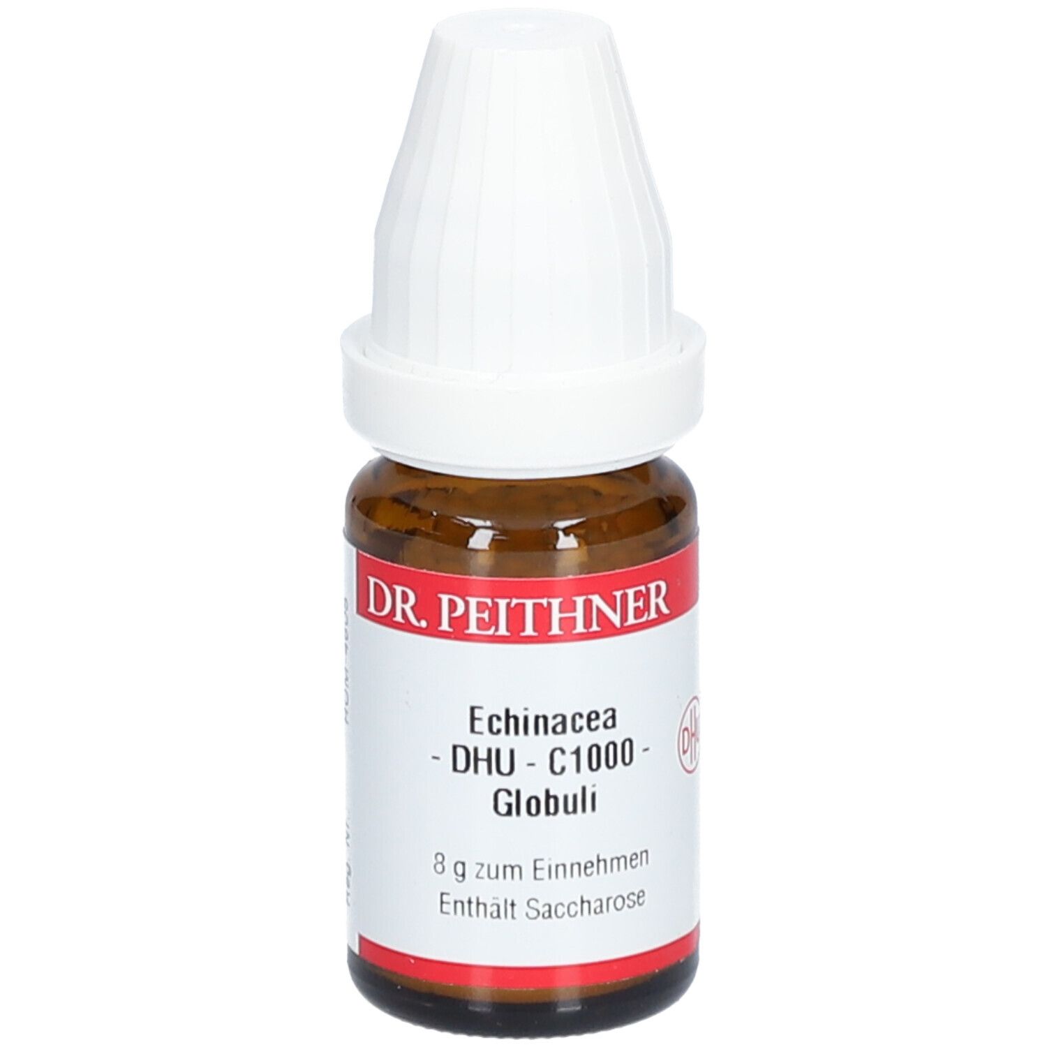 Braune Glasflasche mit weißem Deckel. Etikett mit Produktnamen: DR. PEITHNER Echinacea - DHU - C1000 Globuli. Roter Streifen am Boden.