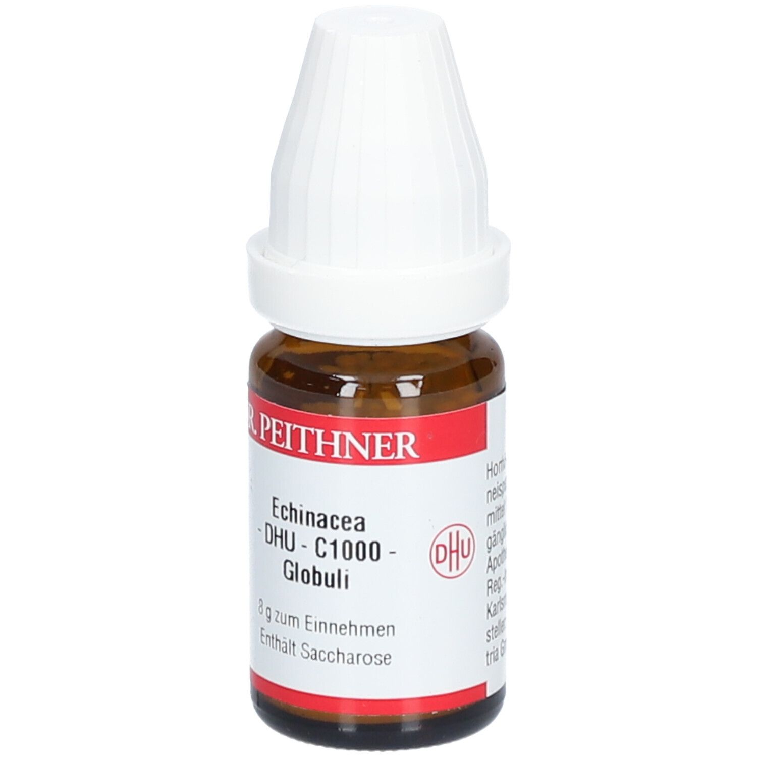 Braune Glasflasche mit weißem Deckel. Etikett mit Produktnamen: DR. PEITHNER Echinacea - DHU - C1000 Globuli. DHU-Logo.