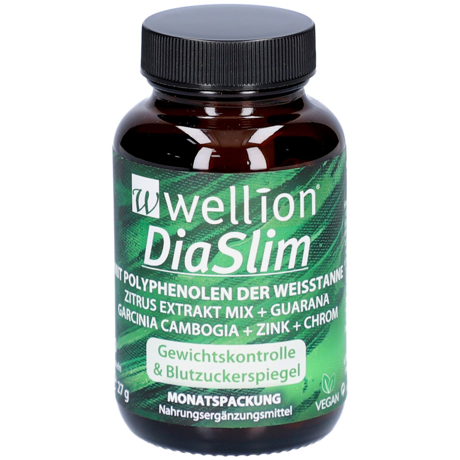 Braune Flasche mit schwarzem Deckel. Etikett mit Produktnamen, Inhaltsstoffen und Logo. Grün-weißes Design.