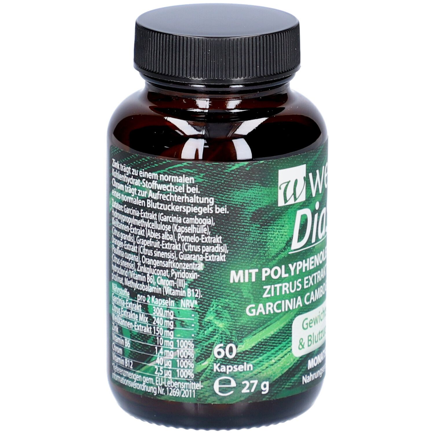 Braune Flasche mit schwarzem Deckel. Etikett mit Inhaltsstoffen, Nährwertangaben und Logo. 60 Kapseln.