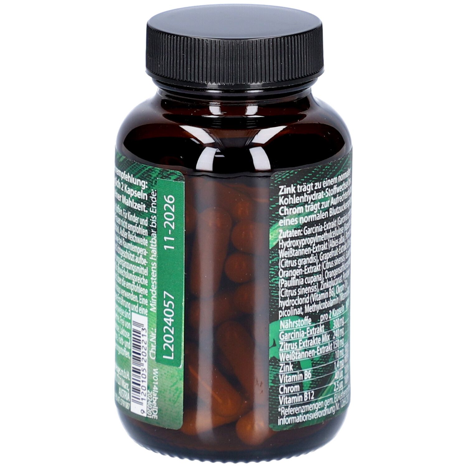 Rückseite der braunen Flasche mit schwarzem Deckel. Etikett mit Inhaltsstoffen und Chargennummer. Kapseln sichtbar.