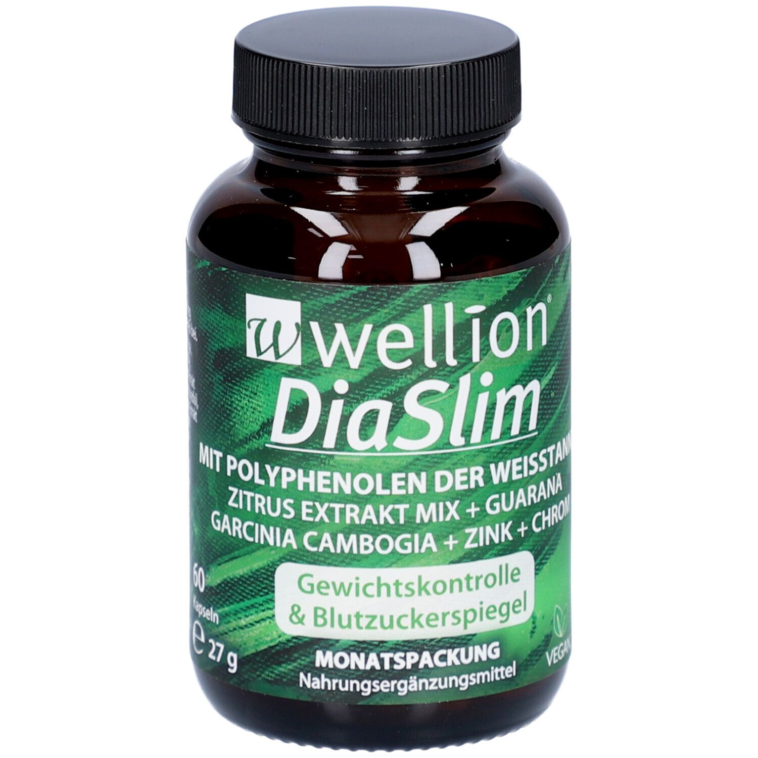 Braune Flasche mit schwarzem Deckel. Etikett mit Produktnamen, Inhaltsstoffen und Logo. Grün-weißes Design.