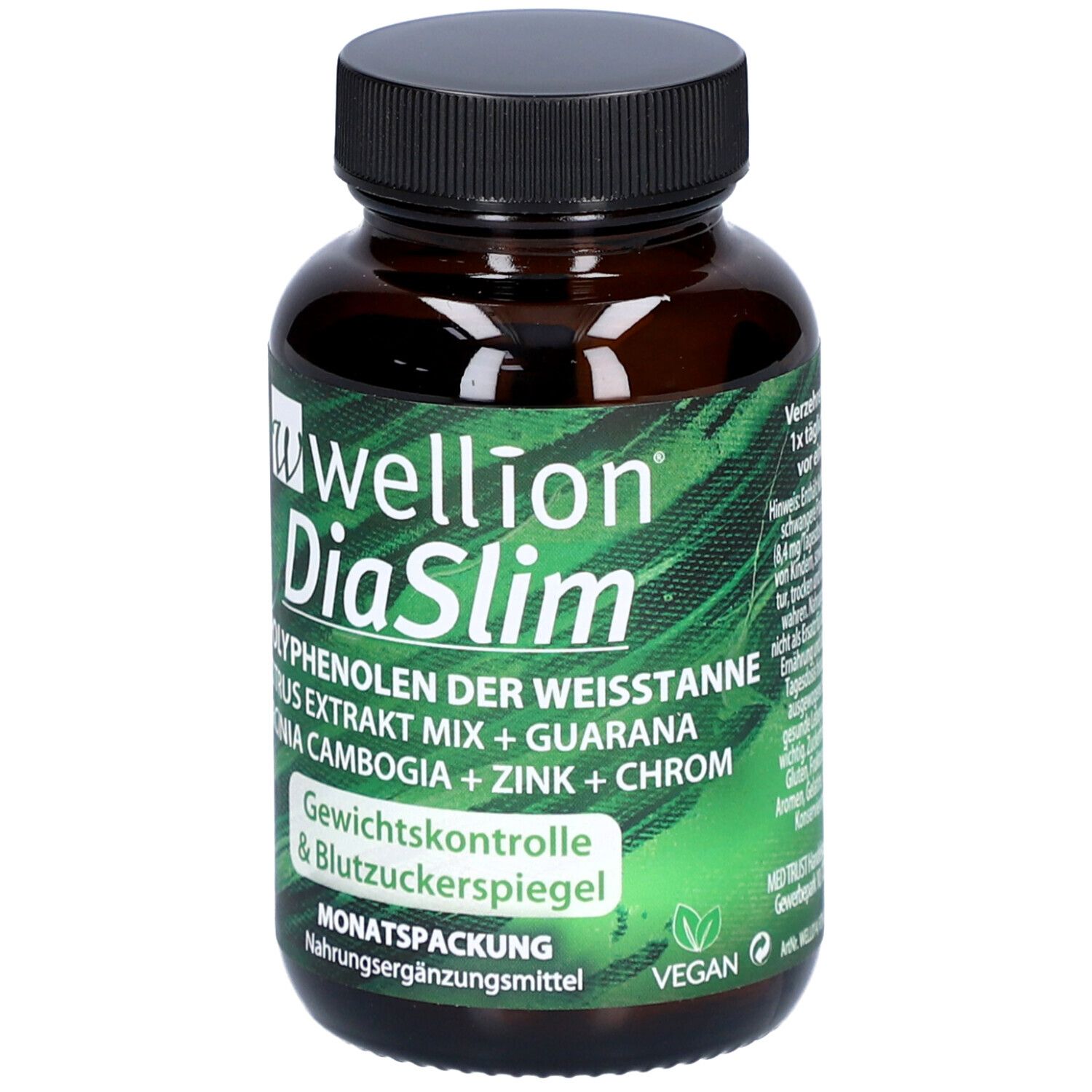 Braune Flasche mit schwarzem Deckel. Etikett mit Produktnamen, Inhaltsstoffen und Logo. Grün-weißes Design.