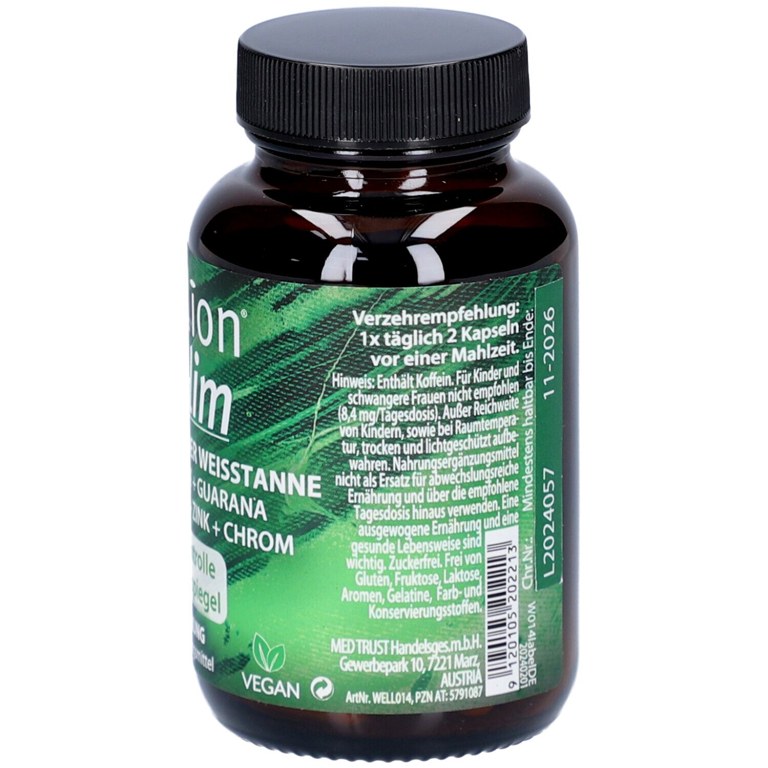 Braune Flasche mit schwarzem Deckel. Etikett mit Produktinformationen, Inhaltsstoffen und Logo. Vegan-Siegel.