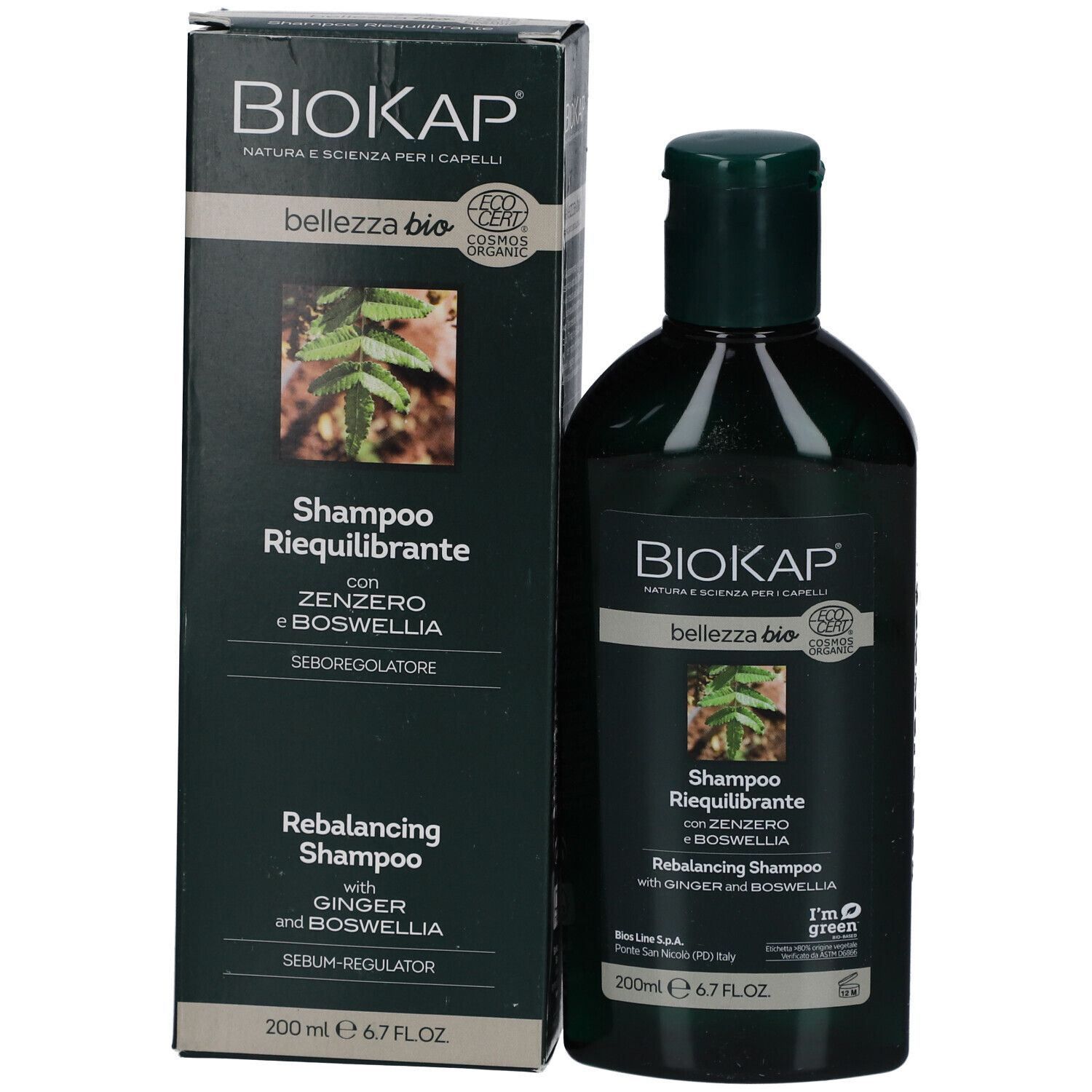 BioKap Shampoo mit Verpackung. Dunkelgrüne Flasche und Schachtel. Aufschrift: Shampoo Rebalancing mit Ingwer und Boswellia.