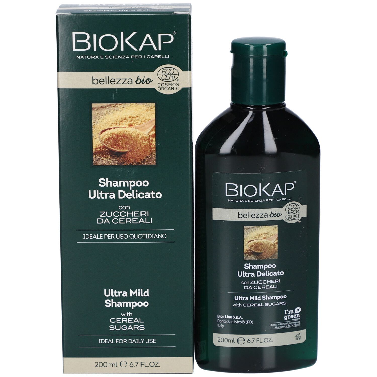 BioKap Shampoo-Flasche und Karton. Aufschrift: Bellezza Bio Shampoo Ultra Delicato mit Getreidezuckern. Mit Bio-Siegel.