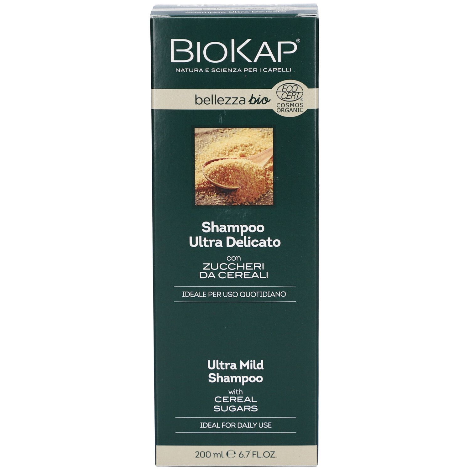 Karton von BioKap Shampoo. Aufschrift: Bellezza Bio Shampoo Ultra Delicato mit Getreidezuckern. Mit Bio-Siegel.