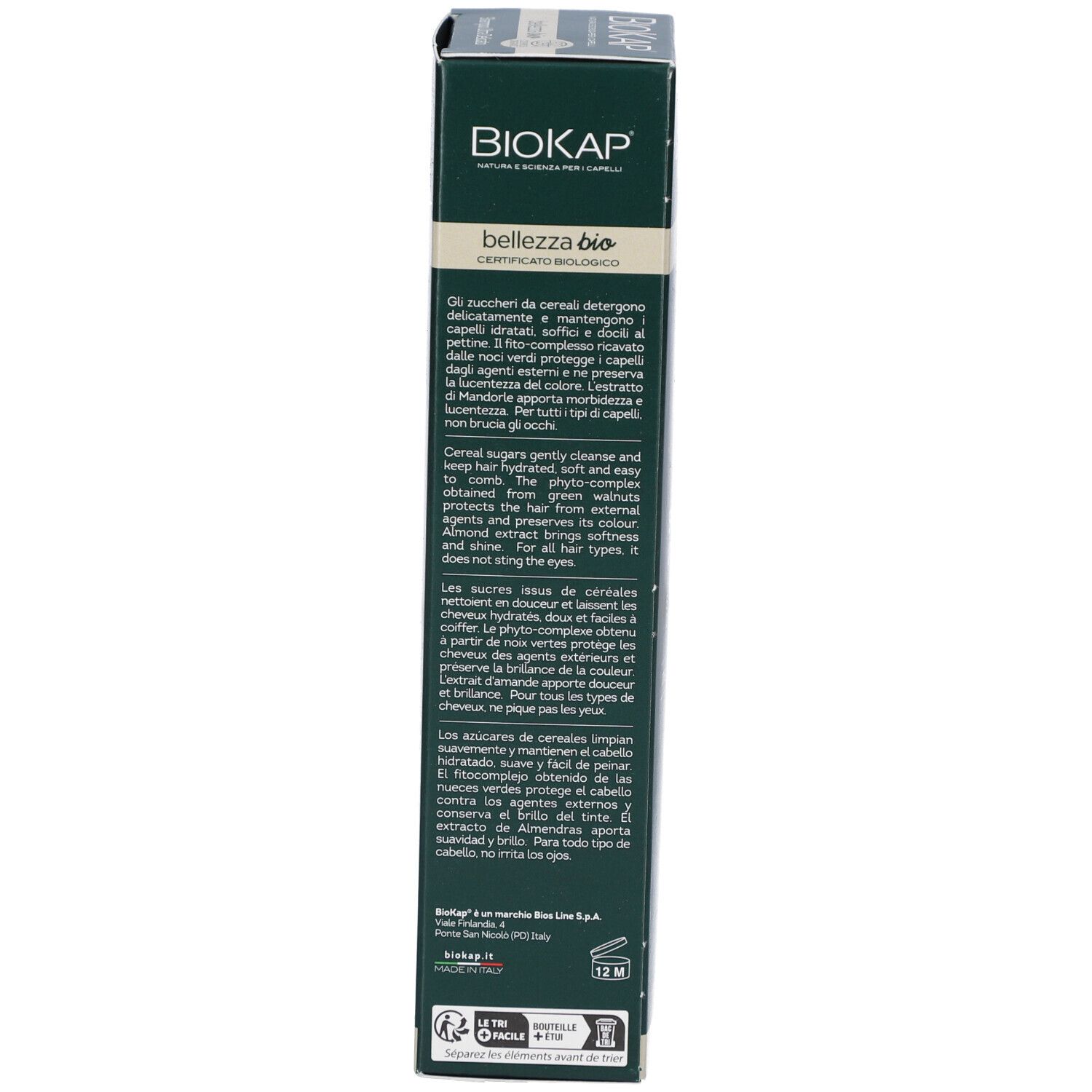 Seite der Shampoo-Verpackung. Text über Inhaltsstoffe und Anwendung. Mehrsprachig.