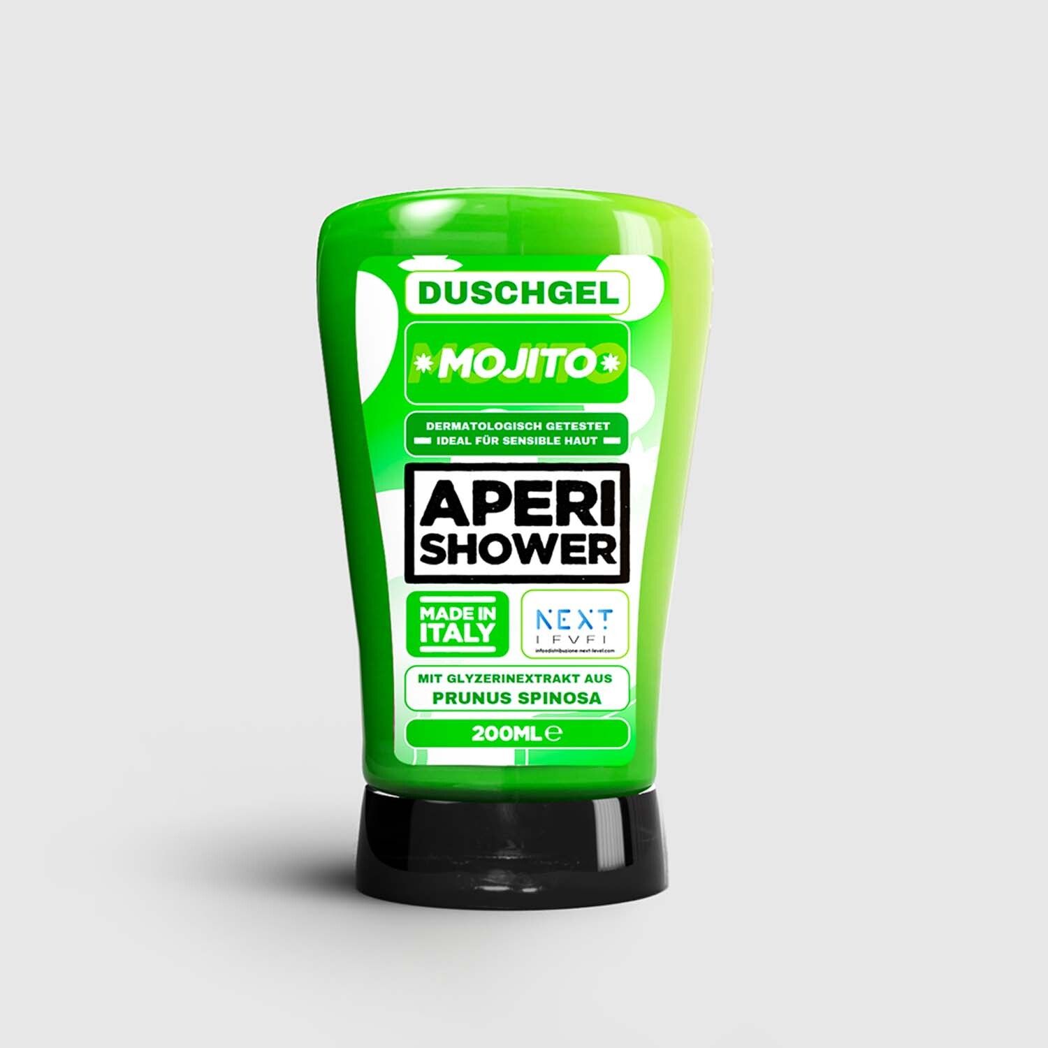 Grünes Duschgel mit schwarzem Boden. Aufschrift: Duschgel Mojito, Aperishower. Made in Italy. Dermatologisch getestet.