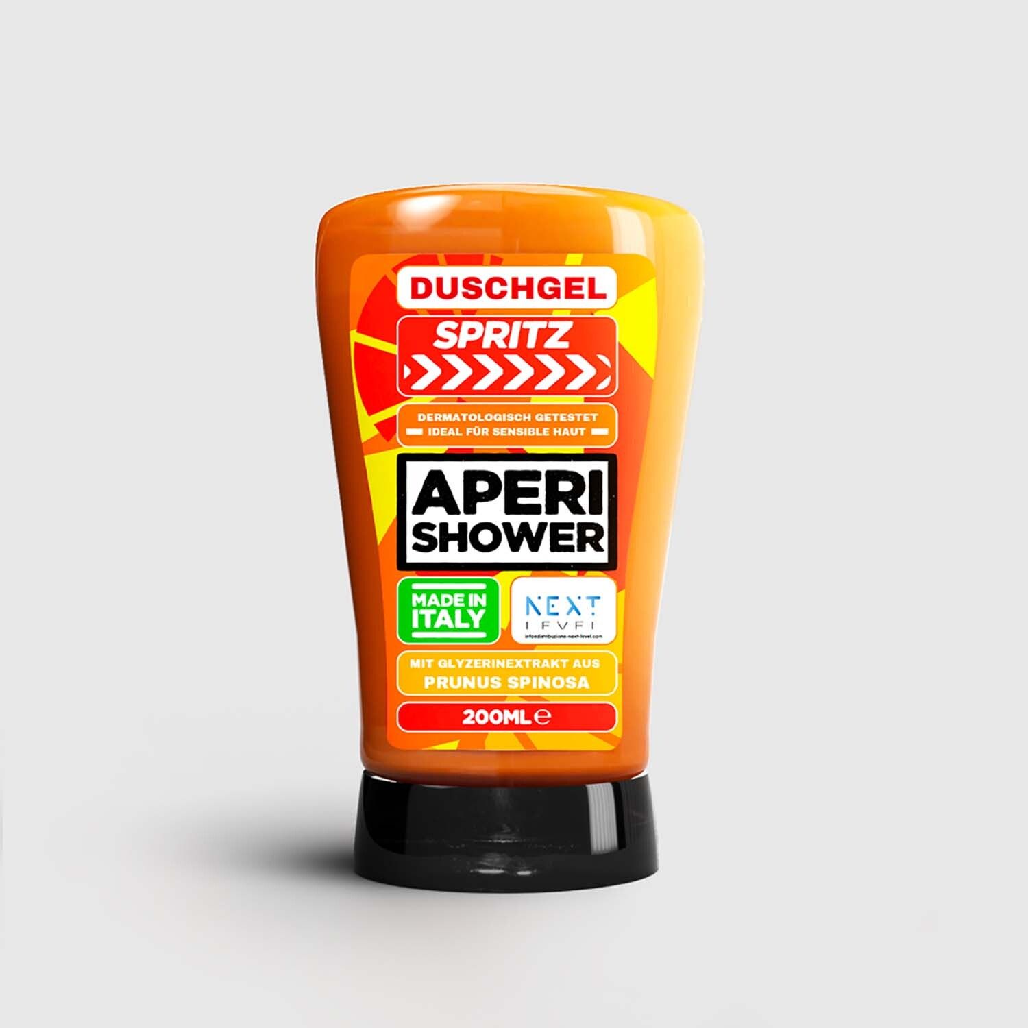 Orangefarbenes Duschgel mit schwarzem Boden. Aufschrift: Duschgel Spritz, Aperishower, Made in Italy, 200ml.