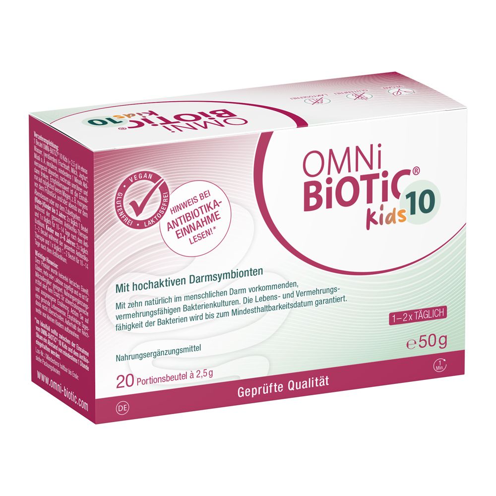 OMNI BiOTiC® 10 AAD Kids Karton mit 20 Portionsbeuteln à 2,5g. Enthält hochaktive Darmsymbionten.