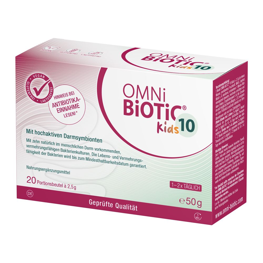 OMNI BiOTiC® 10 AAD Kids Karton mit 20 Portionsbeuteln à 2,5g. Enthält hochaktive Darmsymbionten.