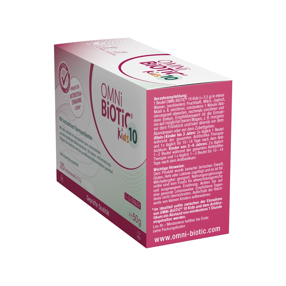 OMNI BiOTiC® 10 AAD Kids Karton mit 20 Portionsbeuteln à 2,5g. Rückseite mit Anwendungshinweisen.