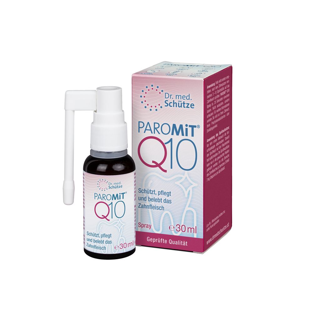 ParoMit Q10 Dental-Spray und Verpackung. Sprayflasche mit Sprühkopf. Text: ParoMit Q10, Spray, 30ml. Dr. med. Schütze. Geprüfte Qualität.