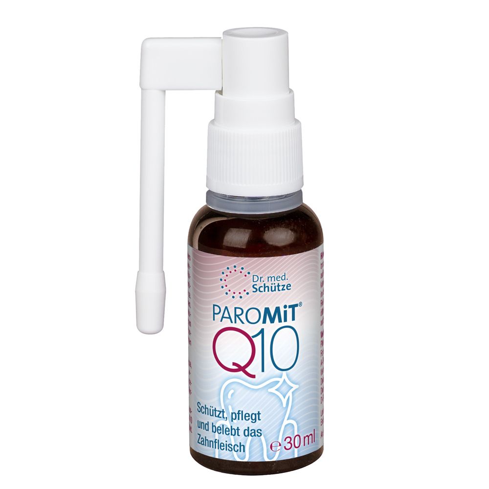 ParoMit Q10 Dental-Spray. Braune Flasche mit weißem Sprühkopf. Text: ParoMit Q10, Spray, 30ml. Dr. med. Schütze.