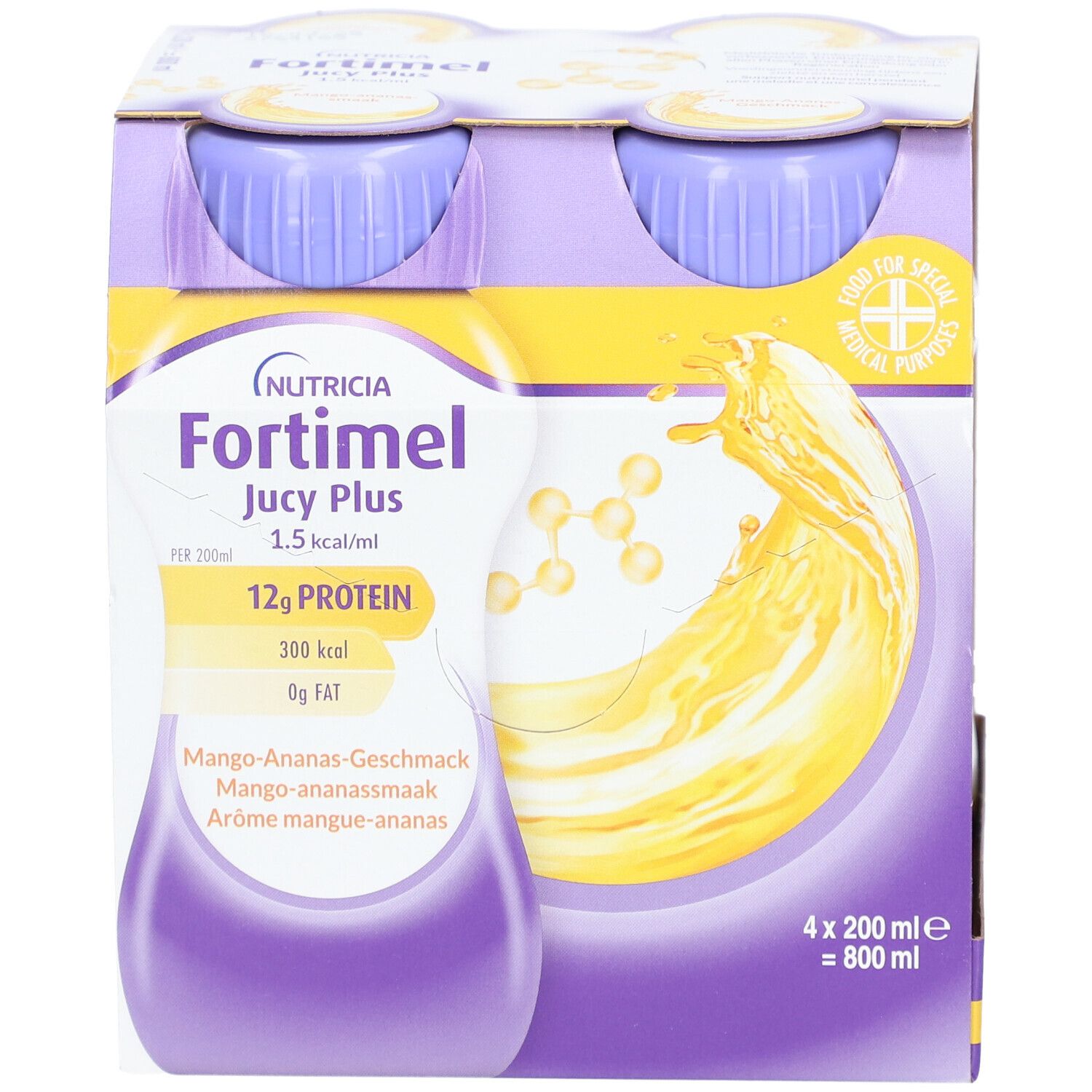 Fortimel® Jucy Plus Mango-Ananas – Hochkalorische Trinknahrung mit vielen wichtigen Nährstoffen – 300 kcal und 12 g Eiweiß pro Flasche