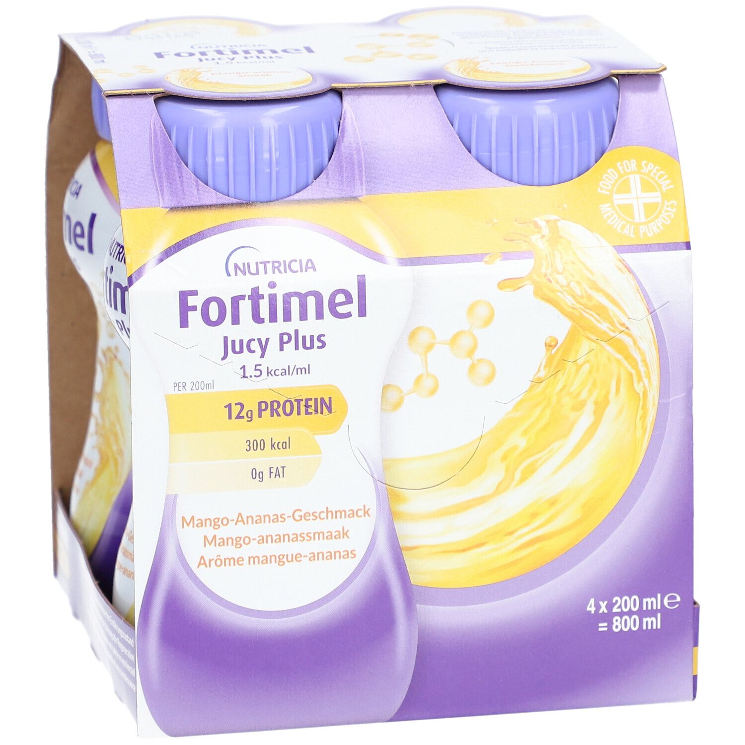 Fortimel® Jucy Plus Mango-Ananas – Hochkalorische Trinknahrung mit vielen wichtigen Nährstoffen – 300 kcal und 12 g Eiweiß pro Flasche