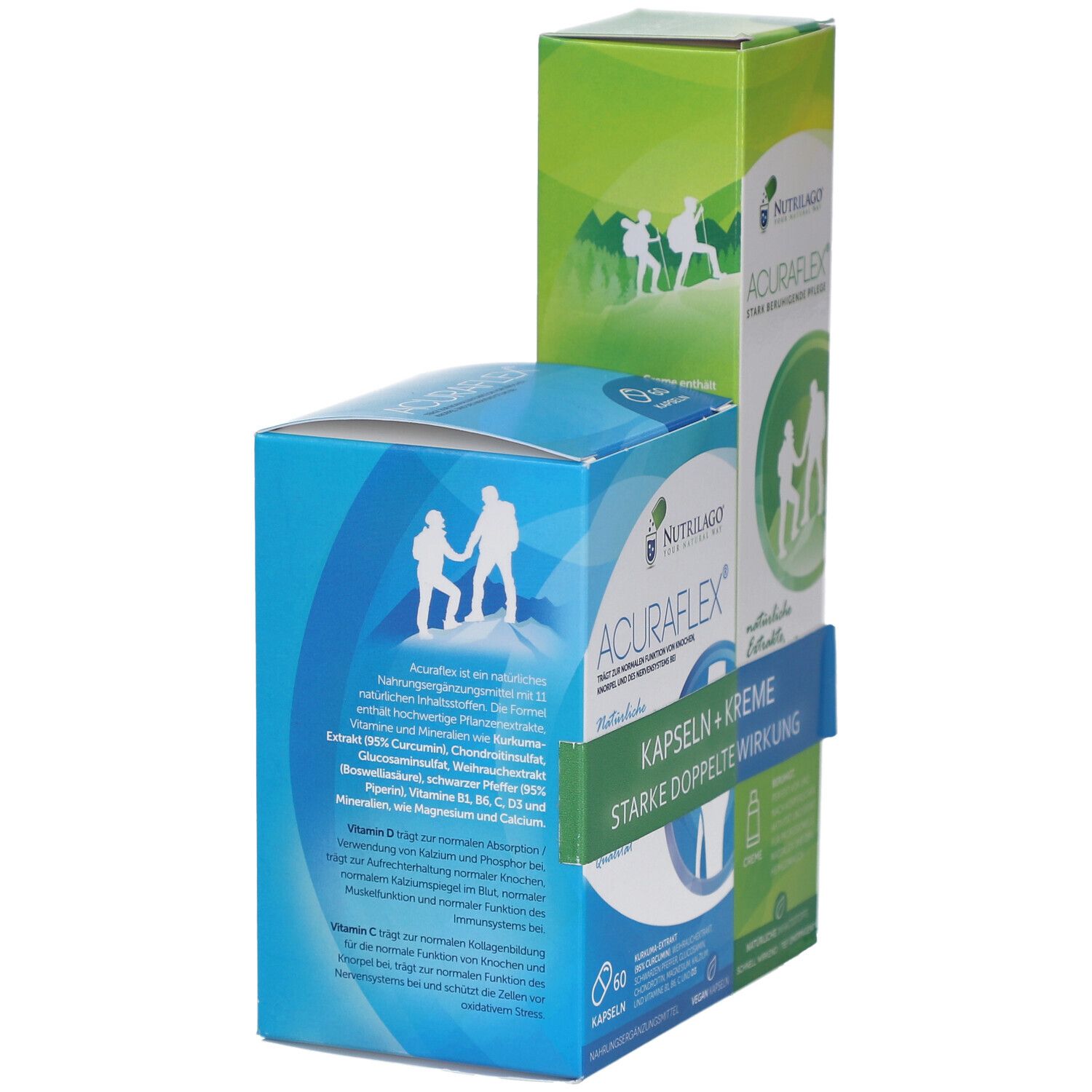 Blaue und grüne Verpackungen. Auf der blauen Box steht ACURAFLEX. Auf der grünen Packung ist das Logo NUTRILAGO und ACURAFLEX zu sehen.