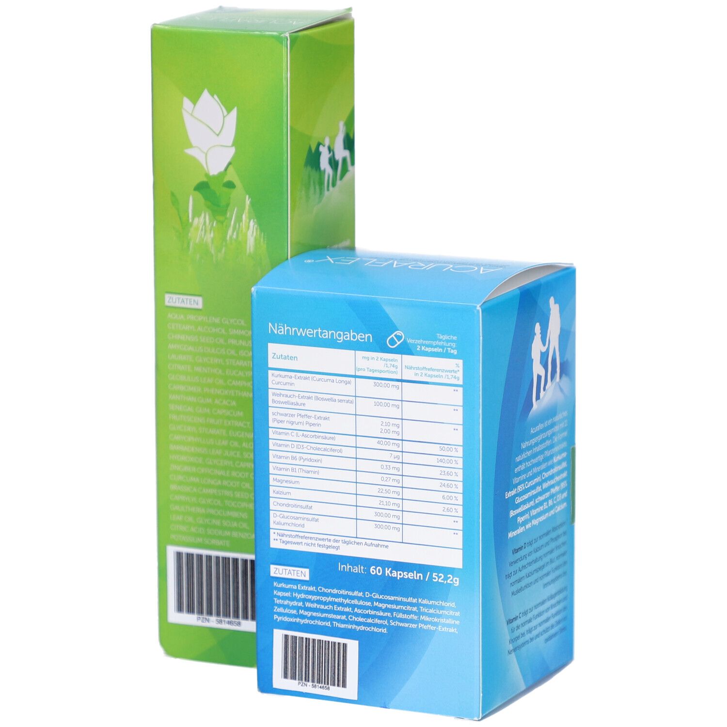 Zwei Packungen, blau und grün. Auf der blauen Box sind Nährwertangaben zu sehen. Auf der grünen Packung steht NUTRILAGO.