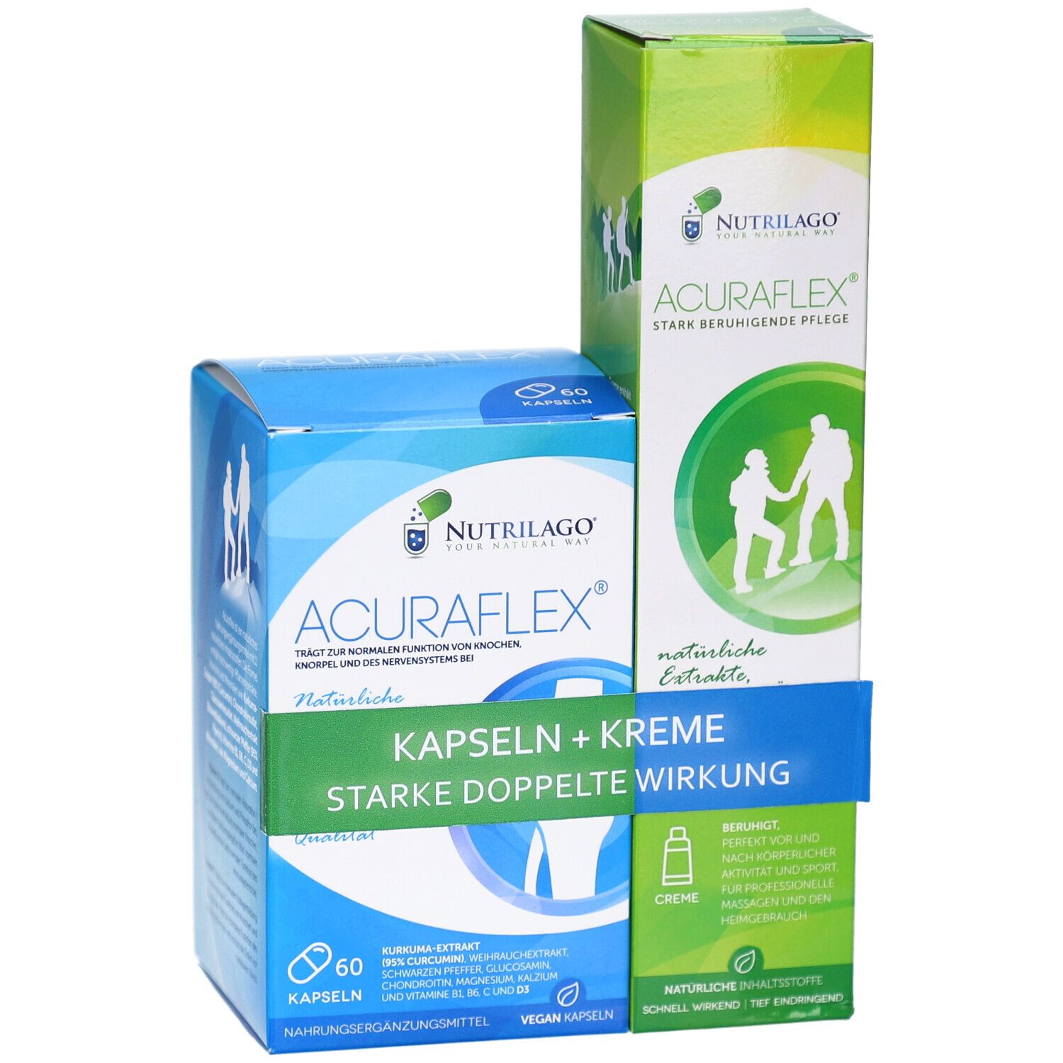 Zwei Packungen: eine blaue Kapselbox und eine grüne Cremepackung. Beide tragen den Namen ACURAFLEX und das Logo NUTRILAGO.