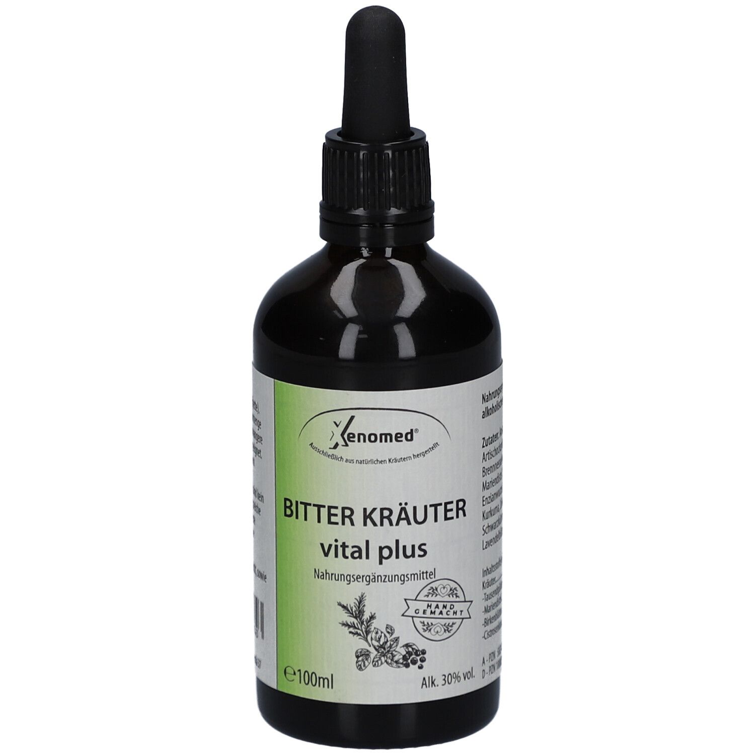 Braune Glasflasche mit schwarzem Verschluss und Pipette. Etikett mit Produktnamen und Logo. Enthält 100ml.