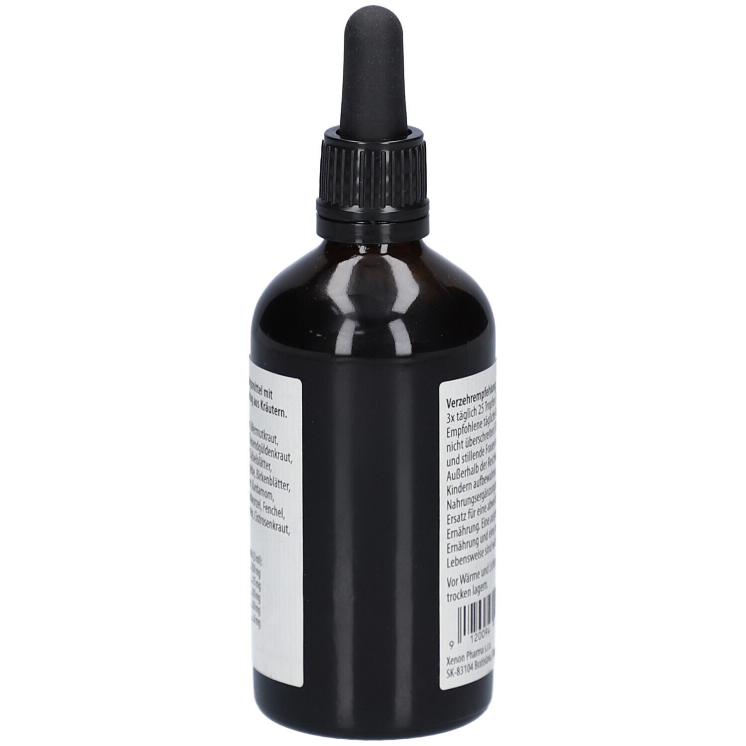 Braune Glasflasche mit schwarzem Verschluss und Pipette. Etikett mit Text. Enthält 100ml.