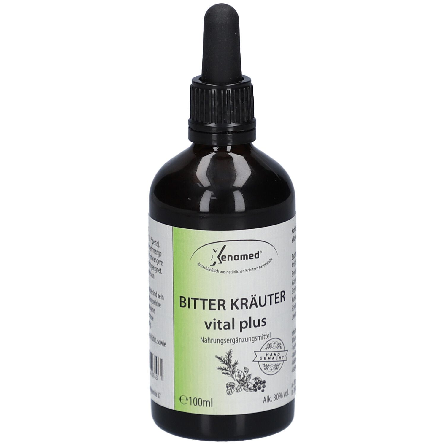 Braune Glasflasche mit schwarzem Verschluss und Pipette. Etikett mit Produktnamen und Logo. Enthält 100ml.