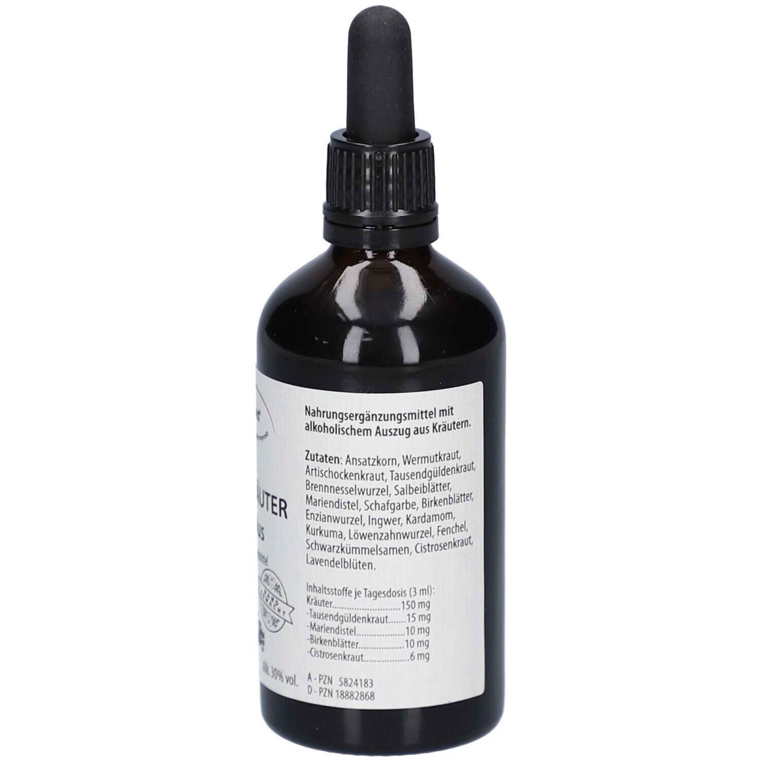 Braune Glasflasche mit schwarzem Verschluss und Pipette. Etikett mit Inhaltsstoffen und Dosierung. Enthält 100ml.