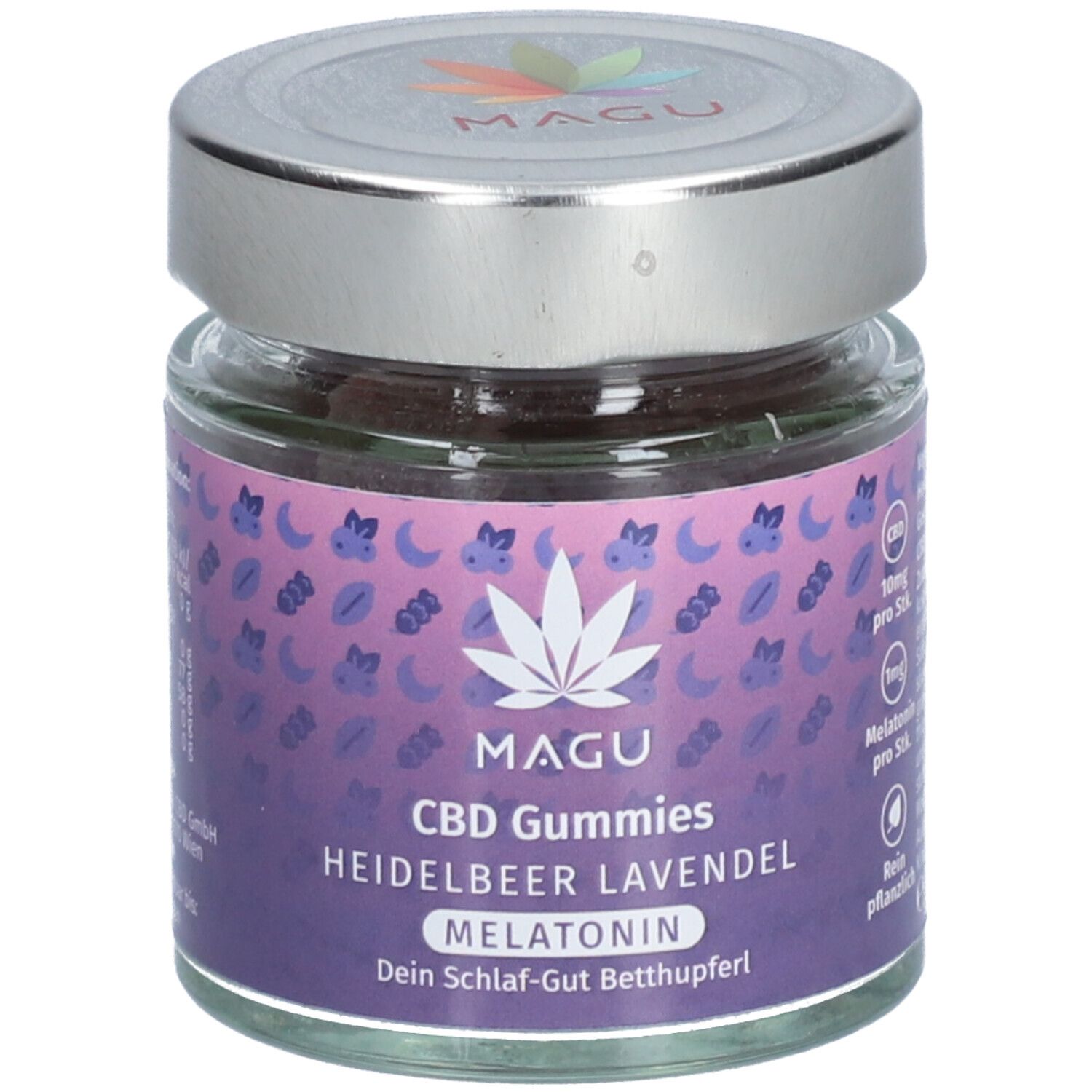Glas mit CBD Gummies. Aufschrift: MAGU, CBD Gummies, Heidelbeer Lavendel, Melatonin. Deckel silberfarben.