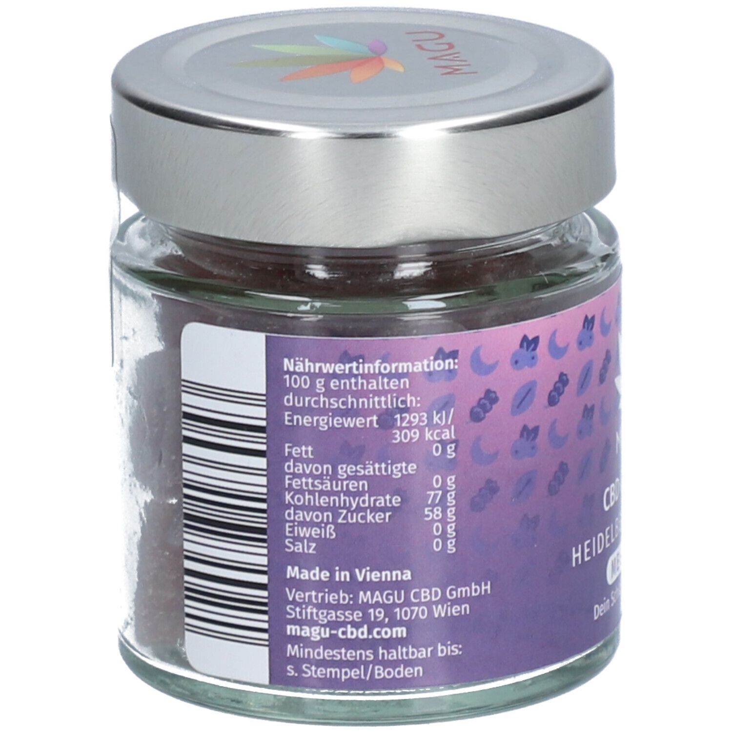 Rückseite des Glases mit Nährwertangaben und Inhaltsstoffen. Aufschrift: MAGU CBD GmbH, Made in Vienna.