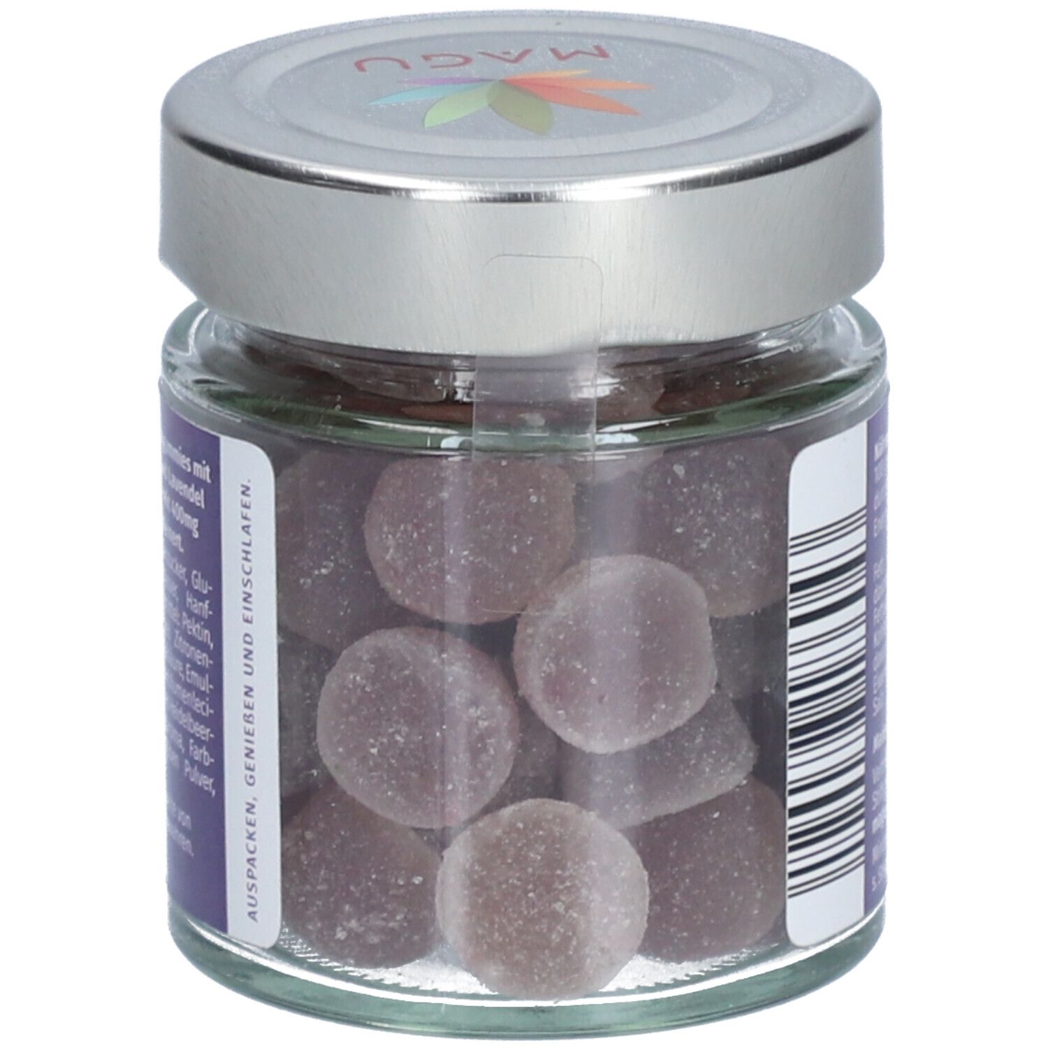Glas mit CBD Gummies. Runde, violette Gummibärchen. Deckel silberfarben. Aufschrift: MAGU.